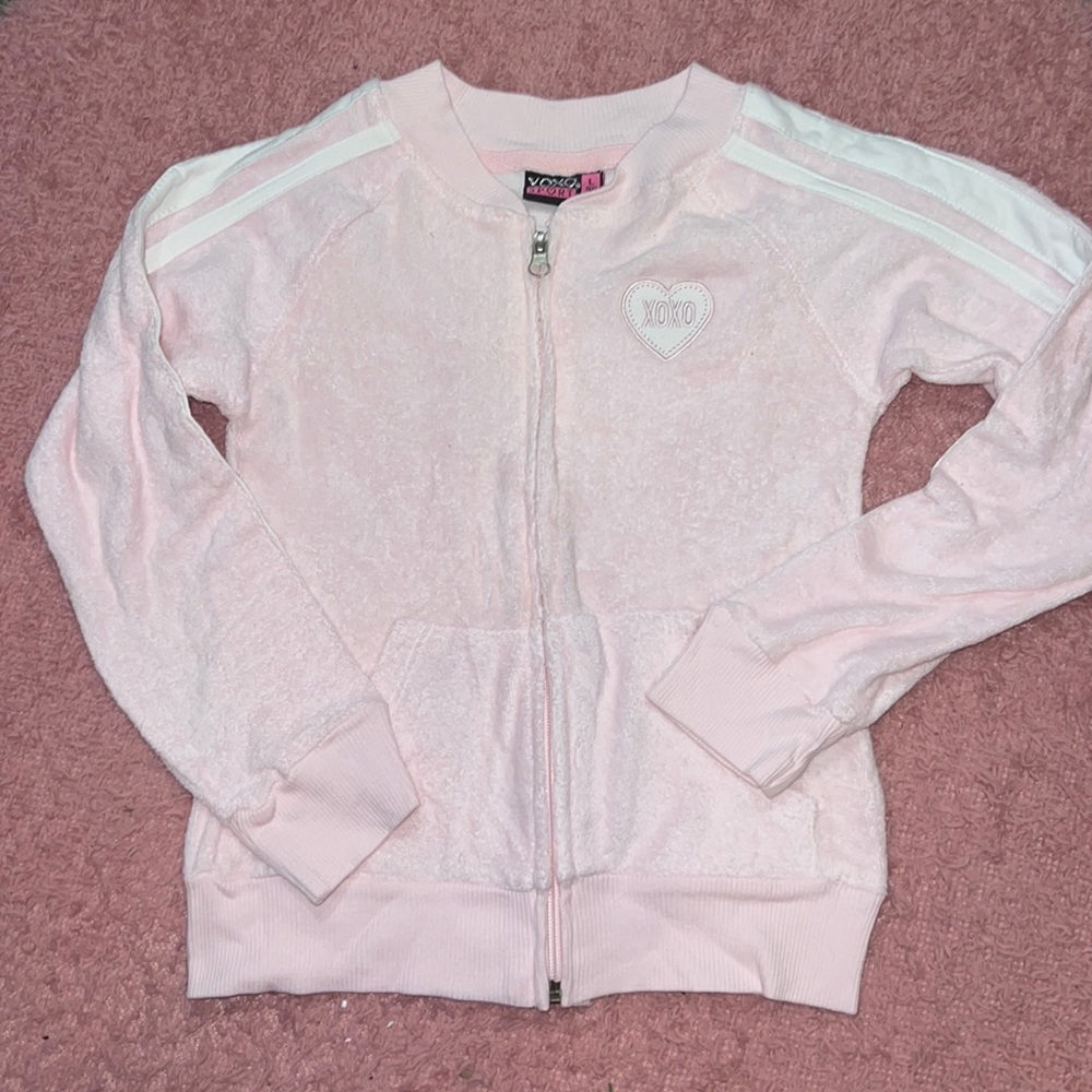 XOXO size 6X baby pink/white stripes sleeve accent zip up front